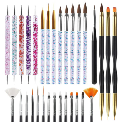 6/31Pcs Nail Art Brush Design Tip Painting Drawing Carving Dotting Pen FlatFan Liner Acrylic Gel UV Polish Manicure Tools
