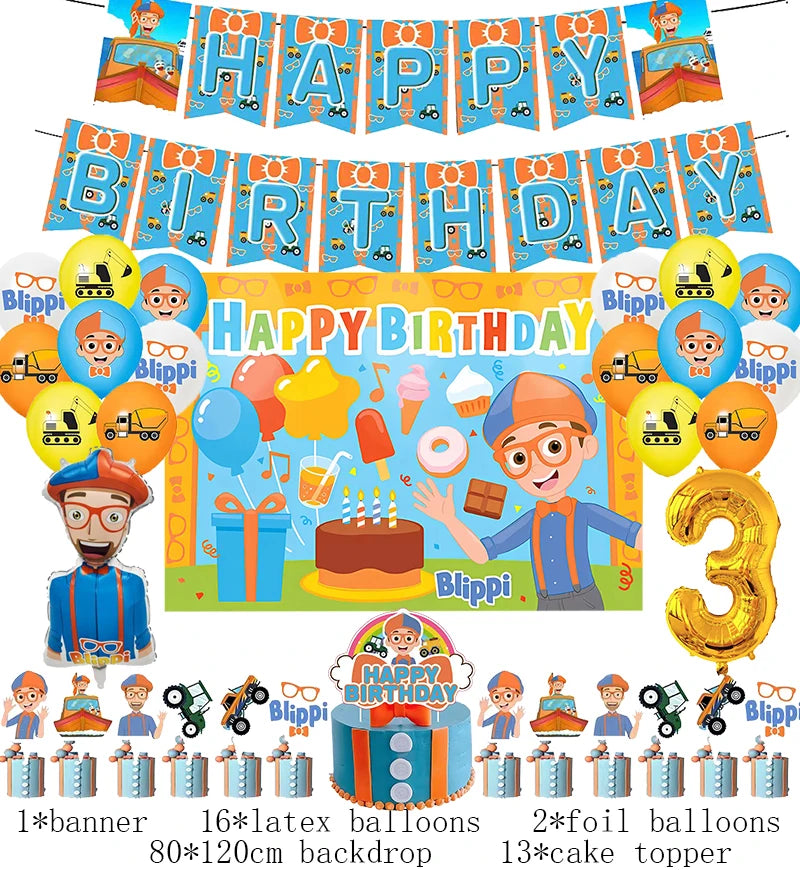 New Blippiing Birthday Party Decoration Foil Balloon Backdrop Banner Cake Topper Baby Birthday Party Supplies Good Vibrations
