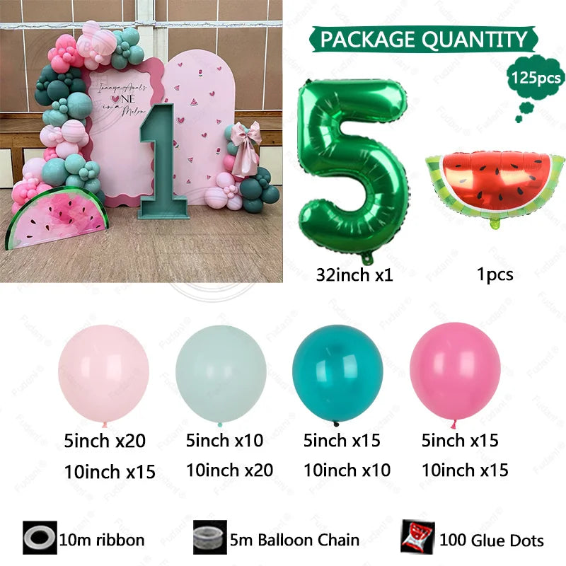125pcs Summer Fruit Themed Party Decoration Green Number Birthday Balloon Set Red Watermelon Balloon Birthday Photo Background Good Vibrations