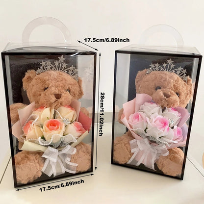 1PC Rose Flower Bouquet Plush Bear Gift Box Eternal Flower Bouquet Mother's Day Gifts Wedding Birthday Party Decor Accessories Good Vibrations