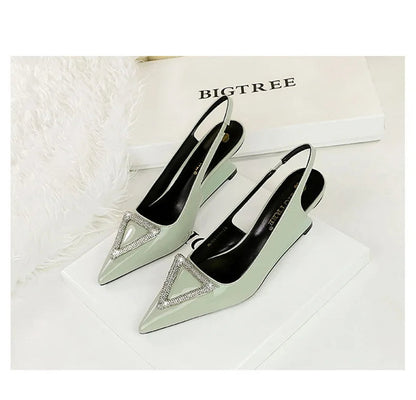 Wedges Women Shoes High Heel Shallow Pointed Toe Hollow Back Straps Patent Leather Triangle Metal Crystal Buckle Pumps Good Vibrations