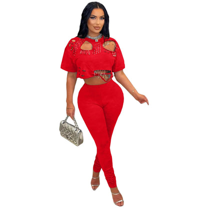 Women's Fashion White Two Piece Set Solid Loose Round Neck Piercing Pin Short T-shirt Pants 2026 Spring/Summer Set Red Black Good Vibrations