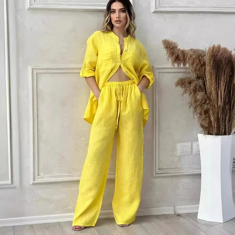 Women Two Piece Sets Spring Autumn Casual Long Sleeve Pocket Shirts 2 Piece Set Fashion Loose Wide Leg Pants OL Work Suit Outfit Good Vibrations