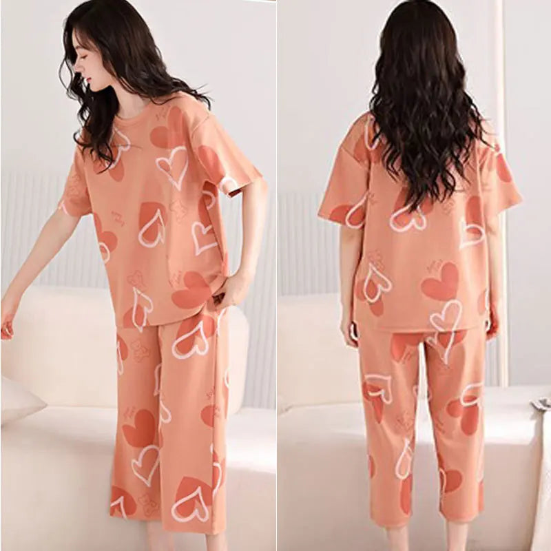 2-piece Set Women Cartoon Casual Homewear Clothes Girls Sleepwear Women Summer Short-sleeve Three-quarter Pants Pajama Set Good Vibrations