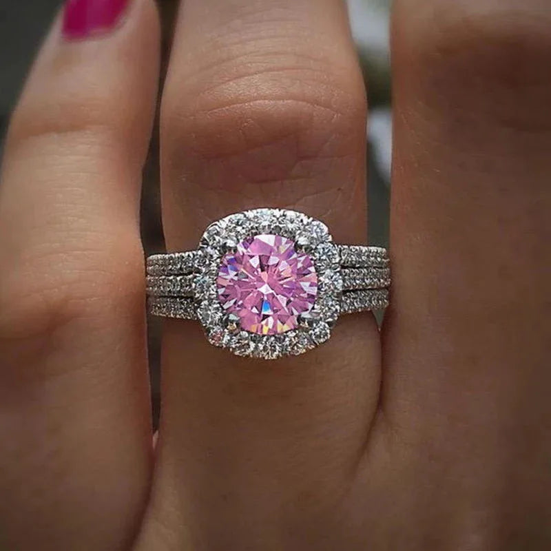 Pink Cubic Zirconia Ring Suitable for Women's Engagement Wedding Luxury Accessories Sparkling Silver Fashion Jewelry Good Vibrations