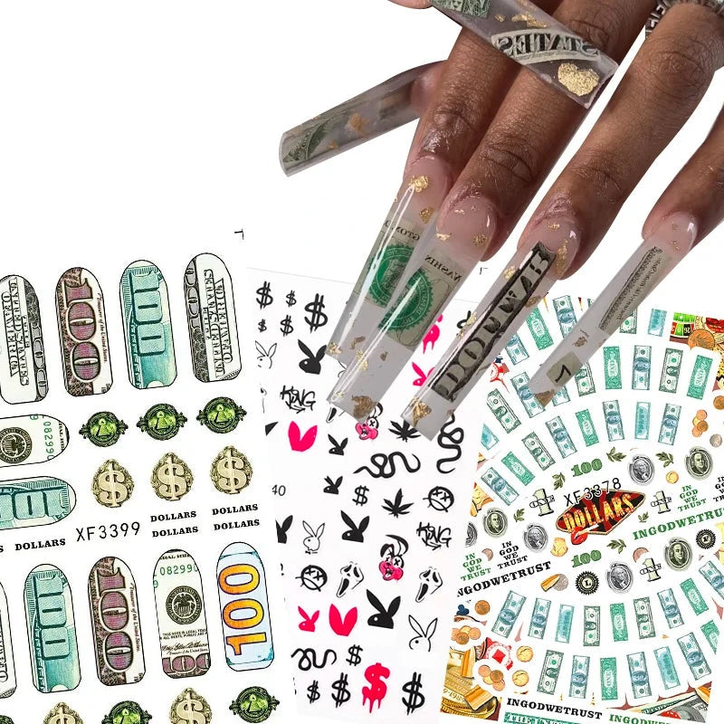 3D Money Dollar Sign Design Nail Art Sticker Decals Self Adhesive Manicure Tips Wraps Decoration Sliders for Nails Good Vibrations
