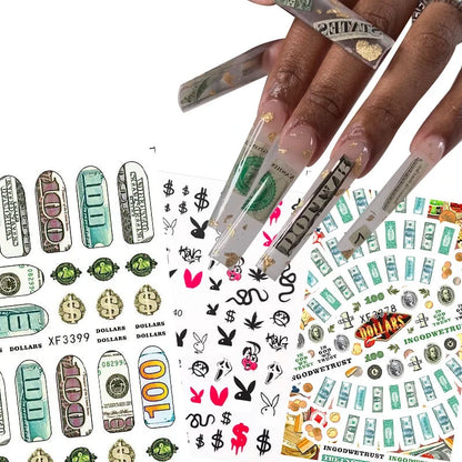 3D Money Dollar Sign Design Nail Art Sticker Decals Self Adhesive Manicure Tips Wraps Decoration Sliders for Nails Good Vibrations