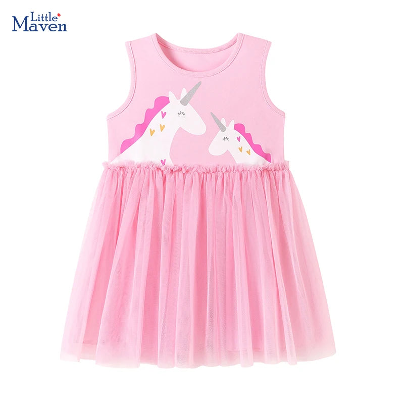 Little maven Summer Dress Kids Clothes Baby Girls 2026 New Cartoon Unicorn Princess Children's Clothing Mesh Dresses 2-7 Years Good Vibrations