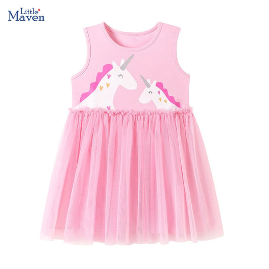 Little maven Summer Dress Kids Clothes Baby Girls 2026 New Cartoon Unicorn Princess Children's Clothing Mesh Dresses 2-7 Years Good Vibrations