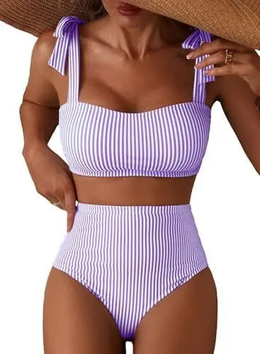 Women Two-piece Halter Vest Swimwear Sexy Striped Ruffle High Waisted Bikinis Set Female Bathing Suit Tie Strap Beachwear Good Vibrations