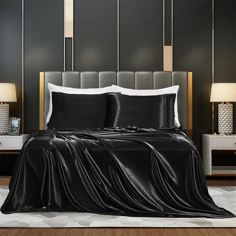 Summer Luxury Satin Silk-like Bed Sheet Set (Flat Sheet + Fitted Sheet + Pillowcase) Solid Color Mattress Cover Twin Full Queen Good Vibrations