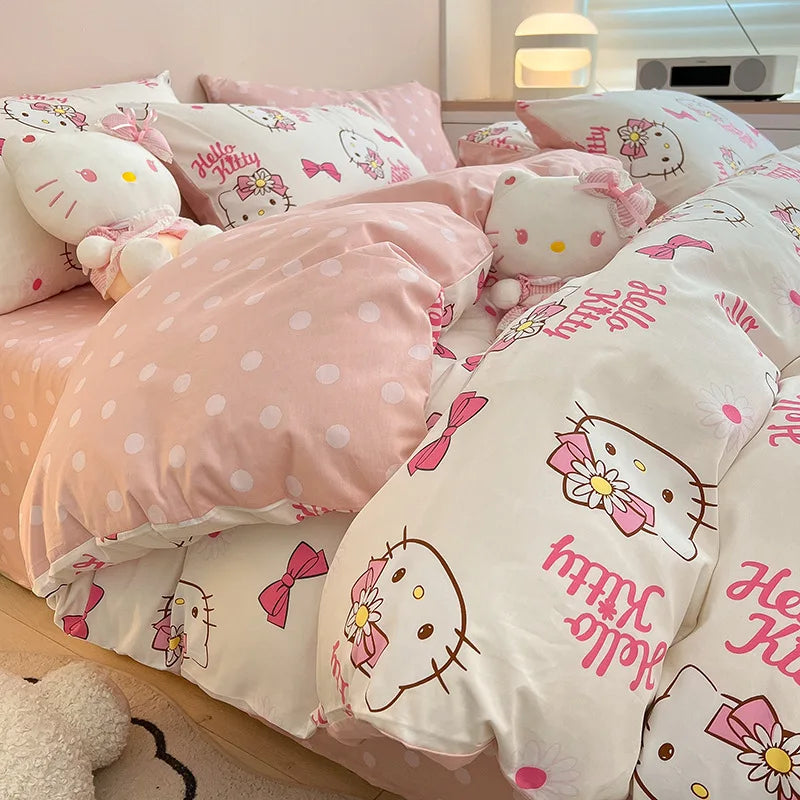 Sanrio 100% Cotton Bedding Set Cute Hello Kitty Kuromi Melody King Queen Pillowcase Bed Linens Girl Dorm Bedclothes Home Textile Good Vibrations