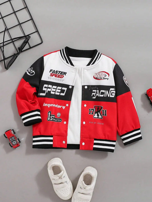 Spring And Autumn Motorcycle Racing Clothing Letter Pattern Printed Red White Black Patchwork Style Trend Outdoor Baby Boy Coat Good Vibrations