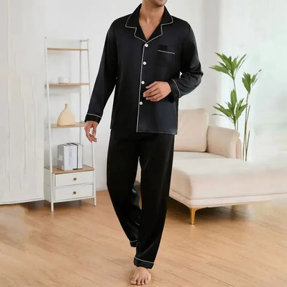 Men's Satin Pajama Set Linter Lapel Collar Long Sleeve Tops & Pants Sleepwear Button Down Loungewear Autumn Pyjama For Man Good Vibrations