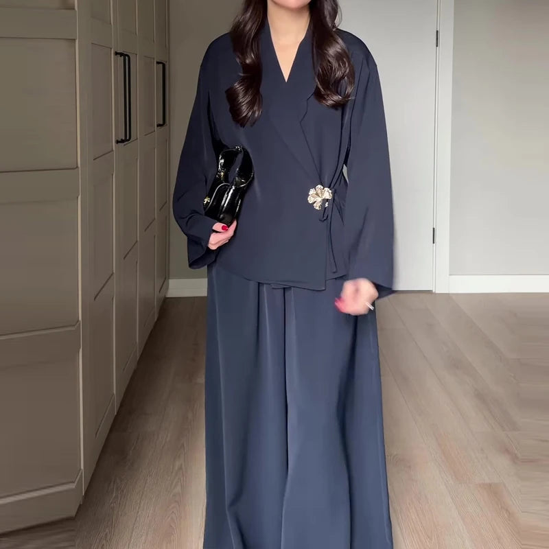 Women's Casual Party Outfit Vintage Solid Loose Autumn Suit New 2026 Elegant V Neck Long Sleeved Top & Wide Leg Pants Two Piece Good Vibrations