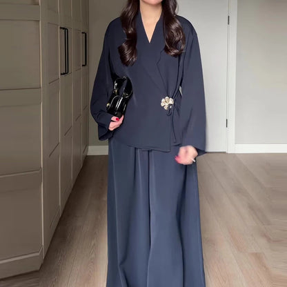 Women's Casual Party Outfit Vintage Solid Loose Autumn Suit New 2026 Elegant V Neck Long Sleeved Top & Wide Leg Pants Two Piece Good Vibrations