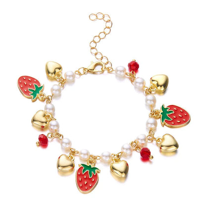 Charm Red Strawberry Bracelet for Women Cute Cherry Heart Shape Fruit Pearl Metal Chain Wristband Girls Party Friendship Jewelry Good Vibrations