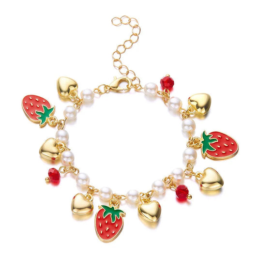 Charm Red Strawberry Bracelet for Women Cute Cherry Heart Shape Fruit Pearl Metal Chain Wristband Girls Party Friendship Jewelry Good Vibrations