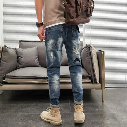 Graphic Men's Jeans Tapered Man Cowboy Pants Ripped with Print Torn Slim Fit Trousers Korean Fashion Retro Broken Harajuku Xs XL Good Vibrations