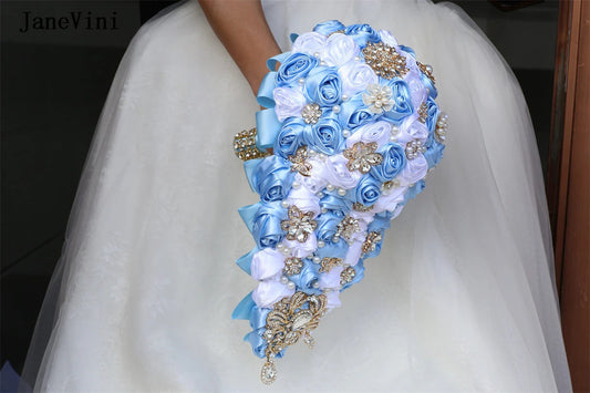 JaneVini Elegant Korean Light Blue Cascading Flowers Crystal Waterfall Bridal Bouquets Pearl Ribbon Roses Wedding Brooch Bouquet Good Vibrations