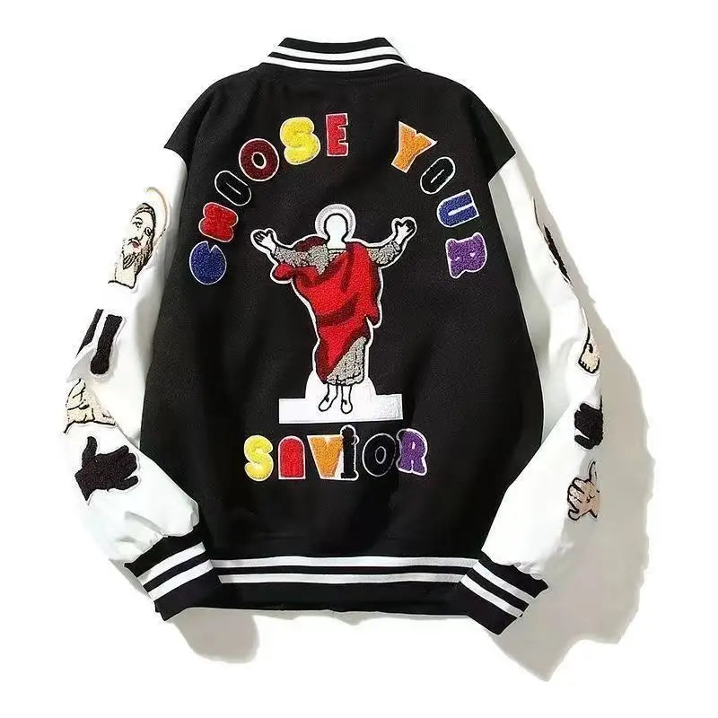 American Fashion Trendy Brand High-density Letter Cartoon Embroidered Red Baseball Uniform Clothing For Men And Women Jacket Good Vibrations
