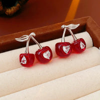 Exquisite Heart Cherry Jewelry Set Pendant Vintage Cherry Necklace Chic Elegant Crystal Ear Studs Gift Good Vibrations