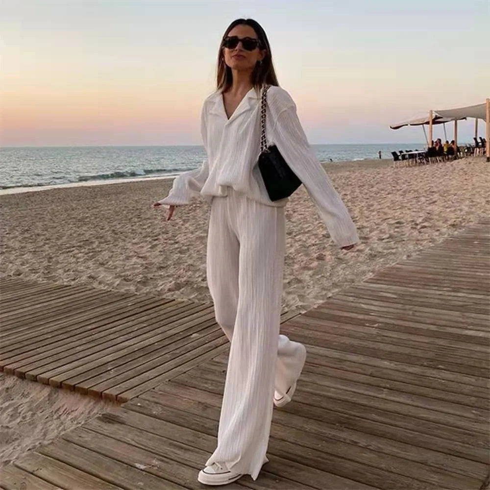 New Two Piece Set Women Outfits Pleated Women's Elegant  Drape Loose Sets Shirt High Waist Trousers Female Suit Fashion Casual Good Vibrations