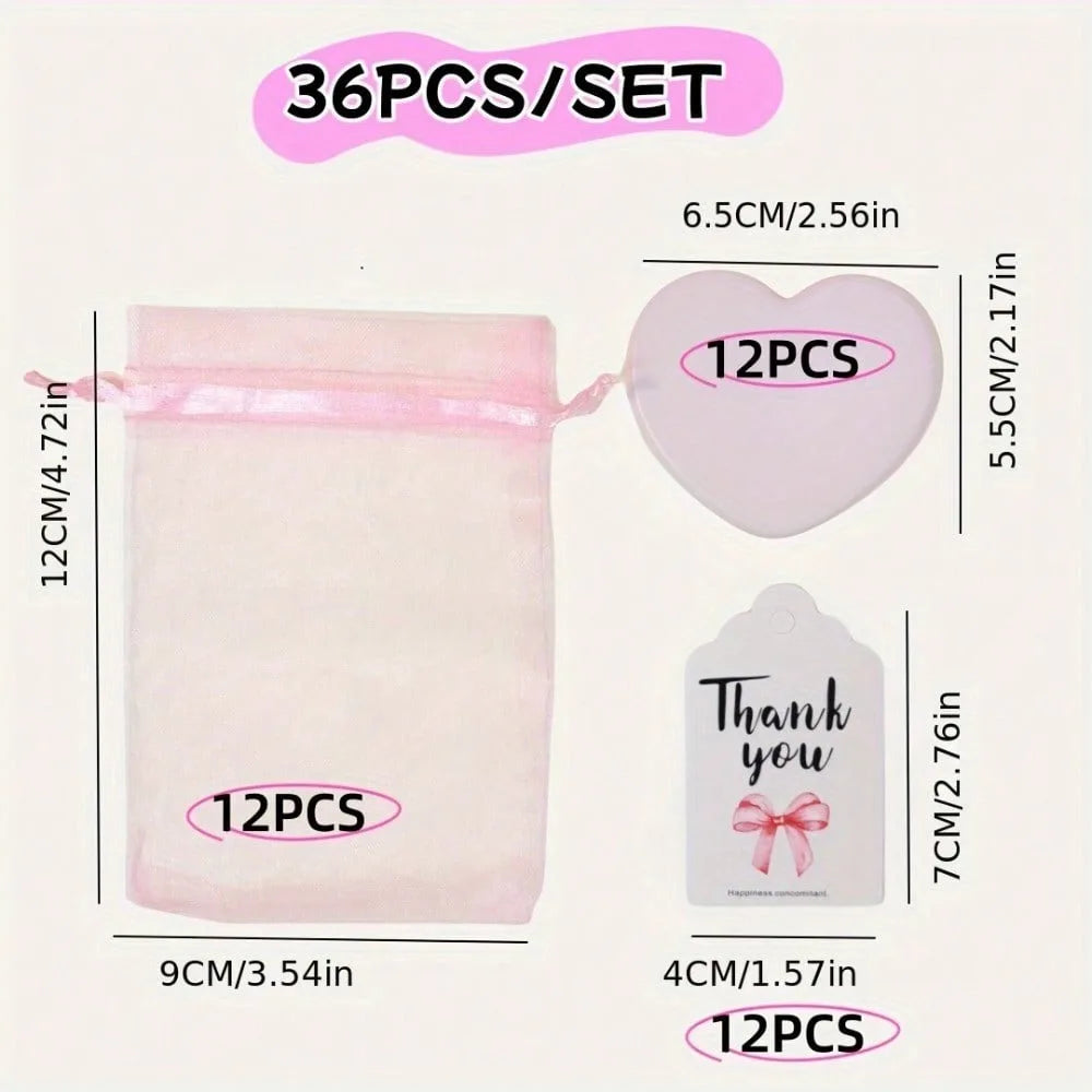 12 sets -36 pieces gift set, pink heart-shaped makeup mirror, pink gauze bag and thank-you card,  wedding and party gift Good Vibrations