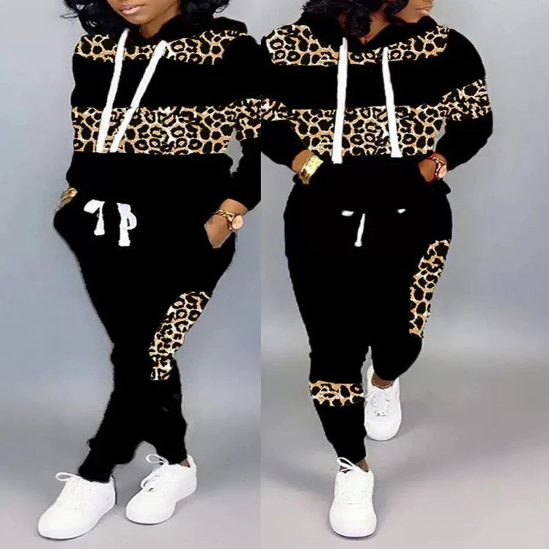 Two Piece Sets Women Pant Set Leopard Print Hoodies Sweatshirts Full Sleeve Tops Long Pants Lace Up Elastic Waist Autumn Good Vibrations