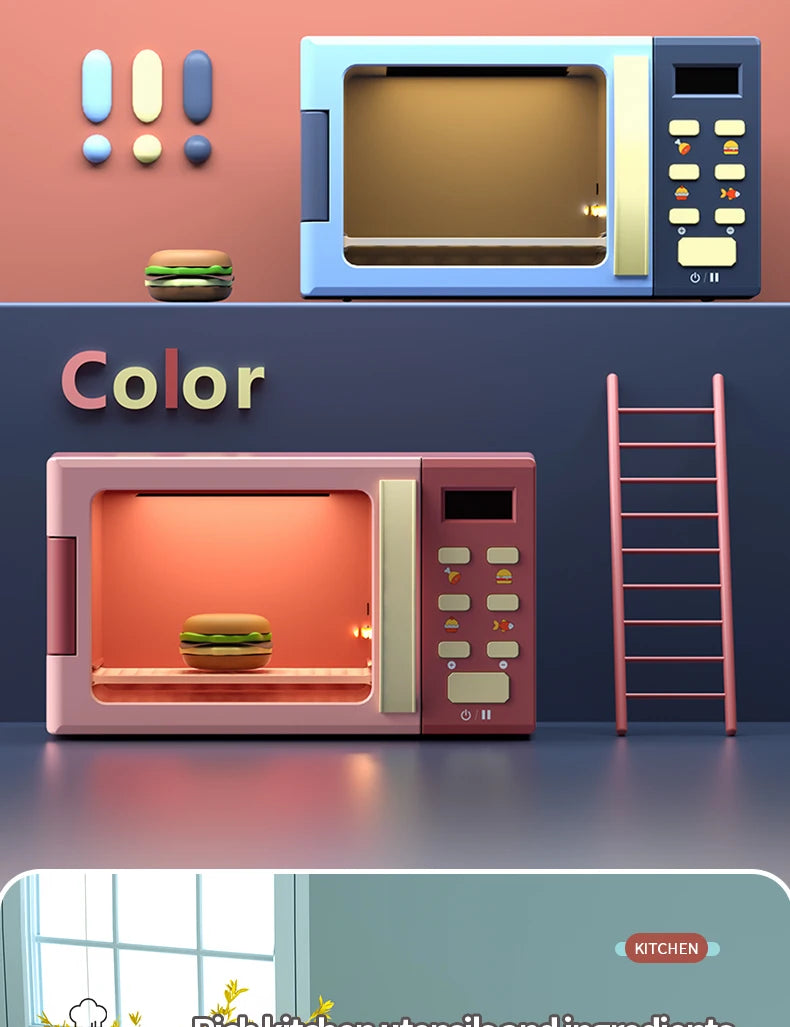 Toy Microwave Oven Playset with Light and Sound, Toy kitchen Appliances for Kids, Play kitchen accessories and Toy Food for Kids Good Vibrations