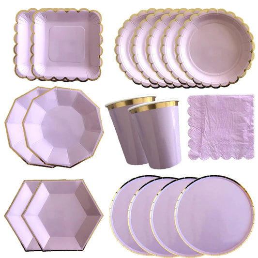 Purple Gold Party Paper Cup Plate Straw For Birthday Carnival Kids Favors Wedding Decor Disposable Tableware Party Supplies Good Vibrations