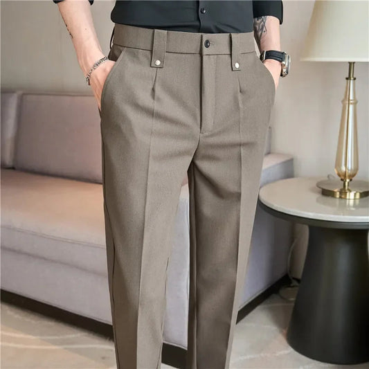 Mens Suit Pants 2025 Autumn New British Style Elastic Waist Solid Casual Formal Dress Pants Slim Fit Trousers for Men Clothing Good Vibrations