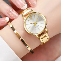 Fashion Women Elagant Watch Casual Simple Steel Strap Quartz Watch Love Bracelet 2PCs Set Temperament Wearing Style Good Vibrations