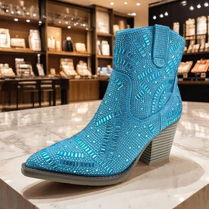 Ankle Boots for Women Luxury Full Diamond Chelsea Boots Western Cowboy Y2k Fashion Wedges Pointed Toe Zipper Women Heels shoes Good Vibrations