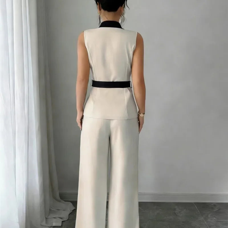 Women's Office Lady Ensemble Outfit Autumn Sleeveless Straight Leg Pants Set Classy Bandeau Elegant Style Top And Vest 2 Set Good Vibrations