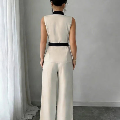 Women's Office Lady Ensemble Outfit Autumn Sleeveless Straight Leg Pants Set Classy Bandeau Elegant Style Top And Vest 2 Set Good Vibrations
