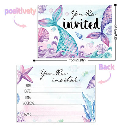 12pcs Mermaid Invitation Cards, Double-Sided Birthday Party Invites, Underwater Theme Party Decorations Supplies Good Vibrations
