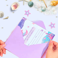 12pcs Cartoon Mermaid Shell Invitation Cards Purple Envelopes Star Stickers Girls Baby Shower Birthday Party Wedding Supplies Good Vibrations