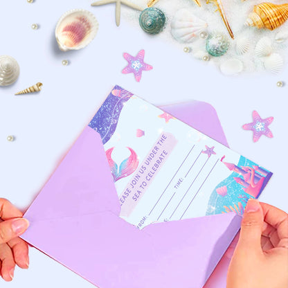 12pcs Cartoon Mermaid Shell Invitation Cards Purple Envelopes Star Stickers Girls Baby Shower Birthday Party Wedding Supplies Good Vibrations
