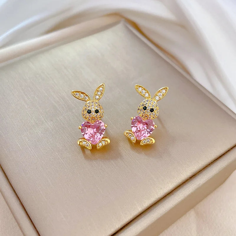 Stainless Steel Jewelry Sets for Woman Girls Shining Austrian Crystal Cute Rabbit Pendant Necklace Huggie Earrings Birthday Gift Good Vibrations Adult Super Store