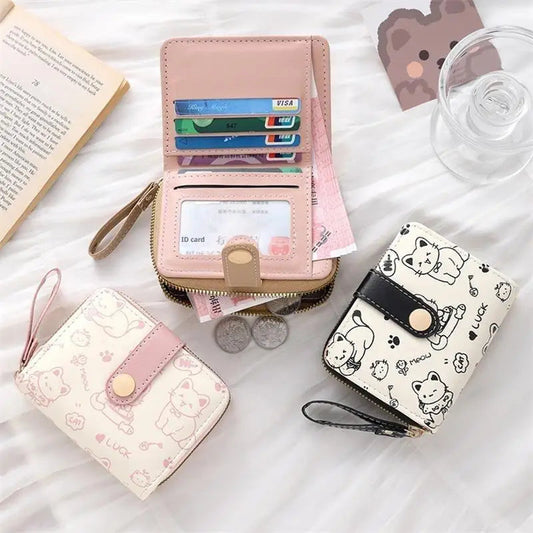 Cute Cat PU Leather Coin Purse Women Fashion Short Wallet Folding Zipper Wallet ID Card Holder Travel Lightweight Cash Coin Bags Good Vibrations