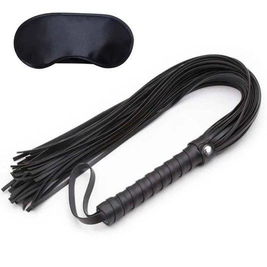 BDSM bondage set featuring a leather flogger and black blindfold.