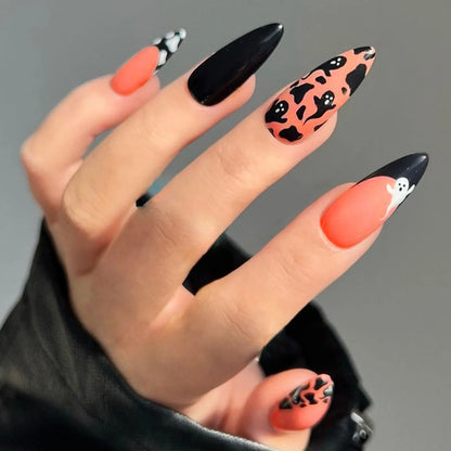 24pcs Glitter Pink Sequins Fake Nails 2025 Halloween Scary Skull Love Print False Nails Wearable European Ballet Press on Nails Good Vibrations