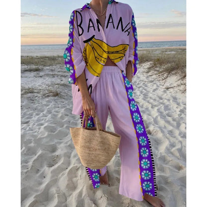 Women's Two Piece Set Print Shirt Pants Suit Single Breasted Lapel Short Sleeve Shirt And Wide Leg Trousers Sets, Lady Outfits Good Vibrations
