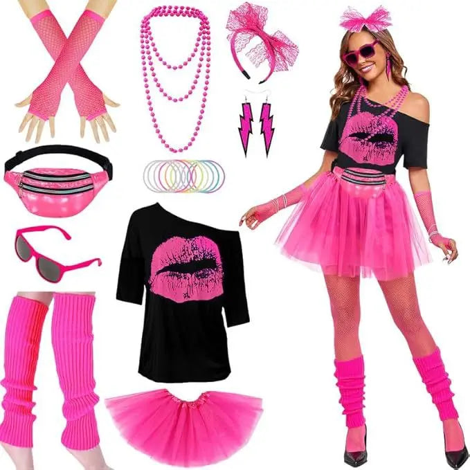 Women 80s Vintage Outfit Drop Shoulder Tee Tutu Skirt Waist Bag Necklace Earrings Bracelet Ankle Socks Costume Set Good Vibrations