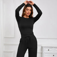 Women drawstring Set Soft Home Clothes Wide-leg Pant Long Sleeve Round Neck Top Comfortable Yoga Outfit Pullover Sleepwear 2025 Good Vibrations
