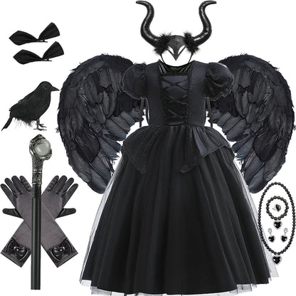 Halloween Costume For Kids Black Witch Dress Luxury Lace Sequin Evil Role Playing Costume Maleficent Dress Up Outfit Ghost Bride Good Vibrations