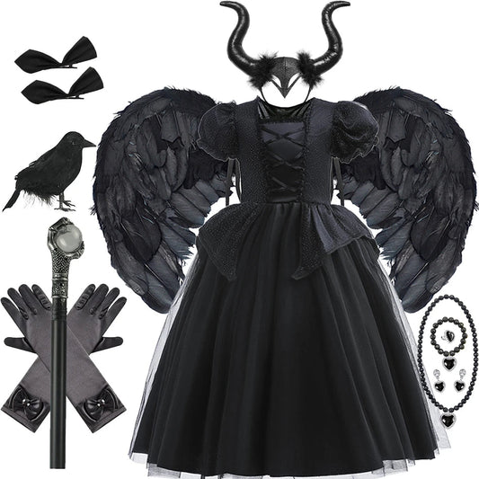 Halloween Costume For Kids Black Witch Dress Luxury Lace Sequin Evil Role Playing Costume Maleficent Dress Up Outfit Ghost Bride Good Vibrations