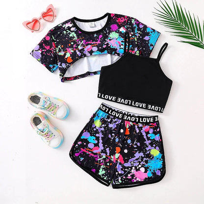 Summer fashion girls' three-piece set Fluorescent graffiti print casual loose slightly elastic comfortable suit Good Vibrations