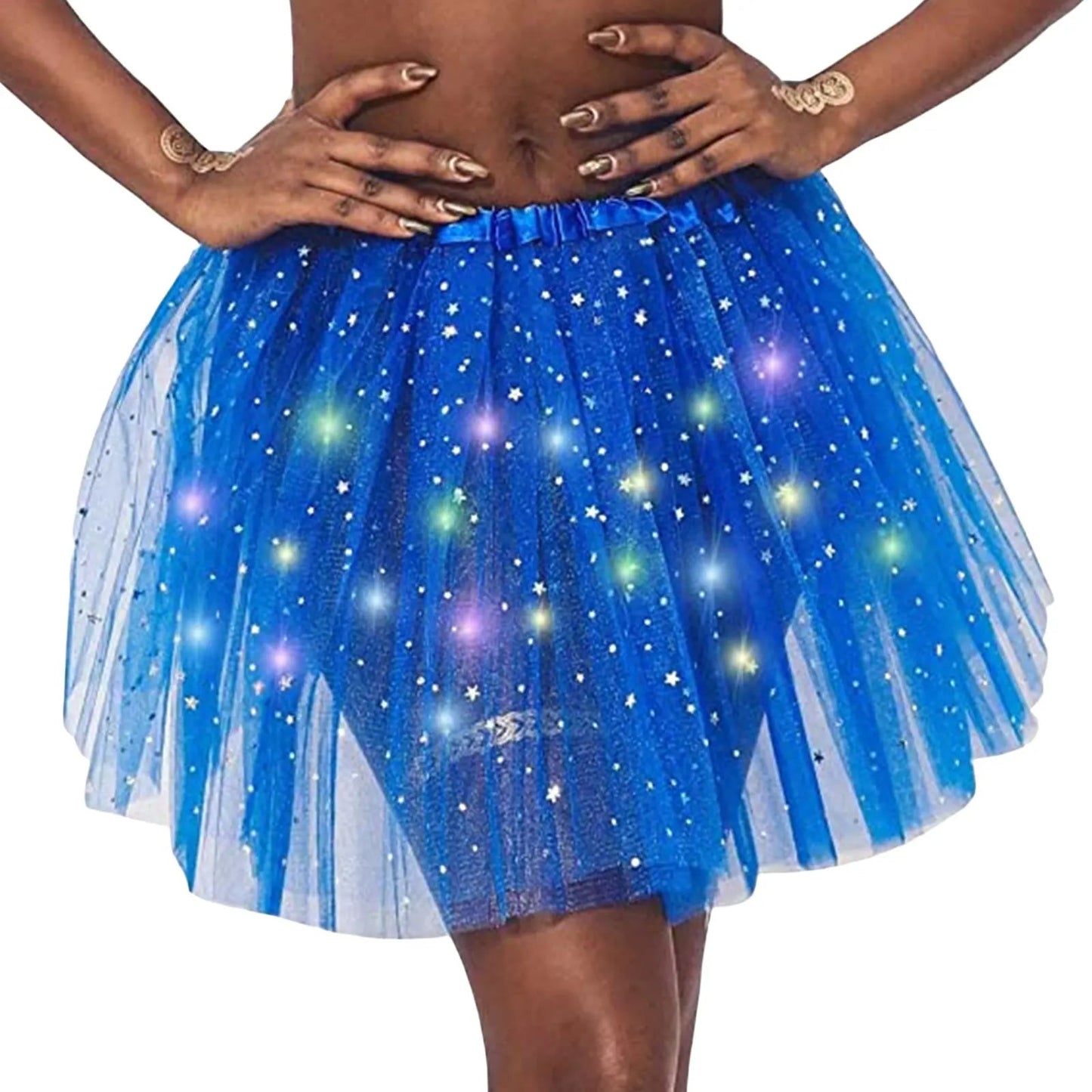 Halloween Cosplay Women Star Sequins Mesh Pleated Tulle Princess Skirt With LED Skirt Party Dancing Miniskirt Costume Clothing Good Vibrations